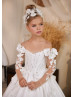 Beaded White Lace Satin 3D Flowers Flower Girl Dress